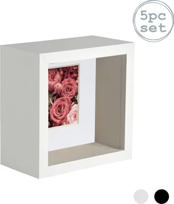 Produktbild von Nicola Spring 5 Stück 4 x 4 3D-Schatten-Tief Box Photo Frame Set - Craft Anzeigen Bilderrahmen mit 2 x 2-Halterung - Weiß