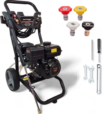 A black and silver pressure washer with various attachments and tools displayed on a white background.