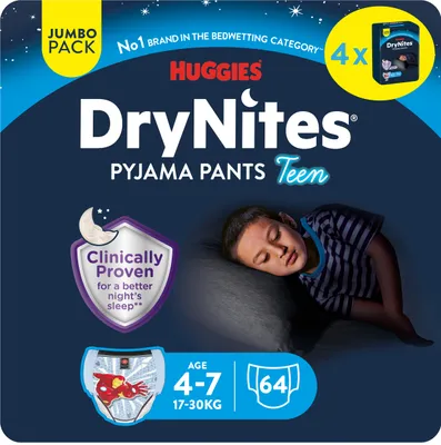 Zdjęcie produktu dla Huggies DryNites pieluchomajtki 4-7 lat (17-30 kg) opakowanie miesięczne jumbo 64 szt.