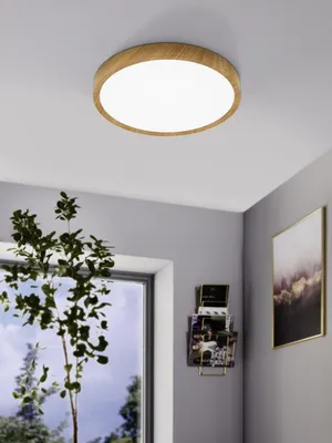A ceiling light fixture in a room with a window and artwork.