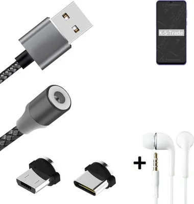 Produktbild von K-S-Trade® Hochwertiges Magnet-Lade-kabel Sync-Kabel Daten-Kabel + Kopfhörer für Ulefone Note 6 mit USB-Typ-C-Anschluss und Micro-USB-Anschluss 2A