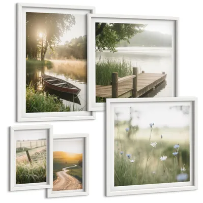 Produktbild von Bilder Set 5-teilig im weißen Rahmen – Wandbilder 5 Stück – gerahmte Poster für Wohnzimmer, Schlafzimmer und Flur – 50x50 cm - 40x60 cm – Libellen im Gras, Wassermalerei