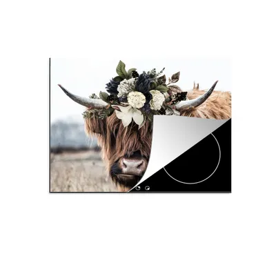 Produktbild von KitchenYeah© Herdabdeckplatte Schottische Highlander - Blumen - Hoorn , 77x59cm, Küche Deko, Glaskeramikkochfeld Herdabdeckung, Abdeckplatte fùr Kochfeld