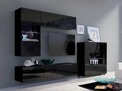 Produktbild von Wohnzimmer-Set CALABRINI-3 Wohnwand Hängewohnwand Schrankwand mit LED-Beleuchtung TV-Schrank Vitrine Kommode Anbauwand Hochglanz (Schwarz Hochglanz)