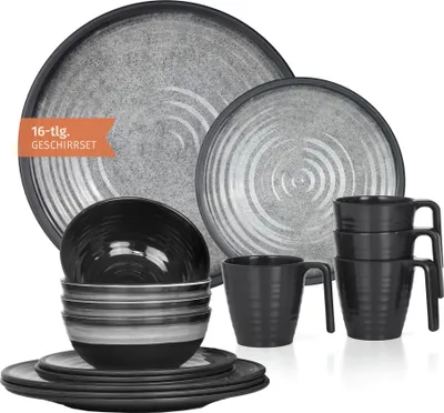 Zdjęcie produktu dla Zestaw naczyń kempingowych z melaminy 4 osoby Stone Grey + 4 kubki Stone kubki do kawy zastawa stołowa piknik BBQ naczynia kuchenne