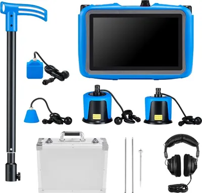 Productafbeelding van Lekdetectieapparaat voor leidingen met 4 sensoren, frequentiebereik 1 Hz - 10.000 Hz, LCD-touchscreen. Ondergrondse lekdetectie en -lokalisatie met 3 meetstaven, hoofdtelefoon, 8 GB geheugenkaart en transportkoffer, geschikt voor zowel binnen- als buitengebruik