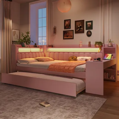 Obrázok produktu pre Denná posteľ 140 × 200 cm s výsuvným lôžkom 90 × 190 cm, písacím stolom, LED osvetlením a USB portmi, čalúnená posteľ, ružová