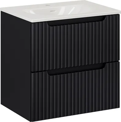 A black vanity unit with a white countertop and sink.