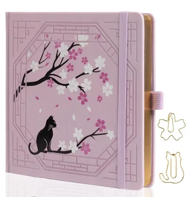 Image de Cahier quadrillé à points, motif chats et cerisiers en fleurs, rose, 20,5 x 20,5 cm