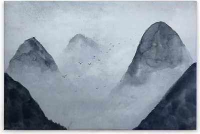 Produktbild von Leinwandbild Landschaften 60 x 90 cm - Wandbild Berge Blau Schwarz Nebel - Keilrahmen Wohnzimmerdeko Wanddeko Wandgemälde