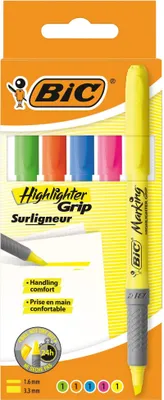 Produktbild von BIC Highlighter Grip, Textmarker, 5er Pack, in 5 verschiedenen Farben, mit Keilspitze, Strichstärke: 1.6 bis 3.3 mm, mit Austrocknungsschutz