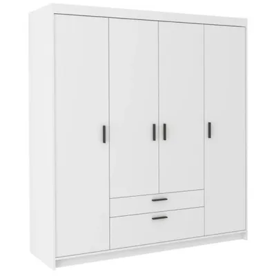 Image de Armoire à portes battantes ELENA 4D blanche avec poignées noires - Armoire 175 cm avec 2 tiroirs et 4 portes lisses