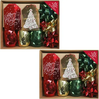 Produktbild von Geschenkverpackung - Bastelbänder, Etiketten und Schleifen - Gold, Grün & Rot - 30 Stück