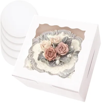 Productafbeelding van Taartdoos met venster - 5 sets, inclusief taartvormen en taartbodems - 20,3 x 20,3 x 12,7 cm - Wit