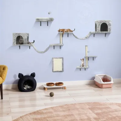 Produktbild von BALCONERA Katzenkletterwand 8 Pcs Set, Stabiles Plüsch-Klettergerät, Katzenklettergerüst Spieltürme mit Kratzbäumen, Katzenhaus, Katzenbrücke, Katzentreppe und Hängeball, Hellgrau