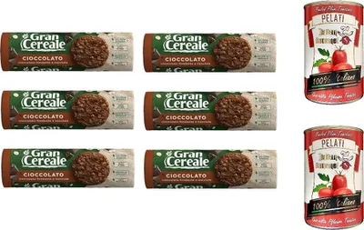 Produktbild von 6x Mulino bianco Gran Cereale Schokolade Fasern kekse Multi Cerealien 230g + Italian Gourmet 100% italienische geschälte Tomaten dosen 2x 400g