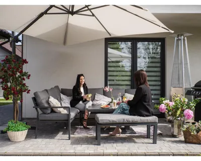 Image de Salon de jardin d'angle 7 places aluminium gris table relevable et pouf – FERONA