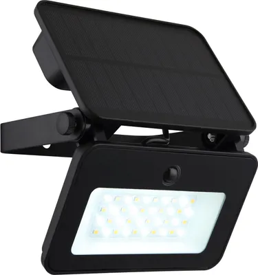 A black solar-powered LED floodlight with a solar panel on top, shown against a white background.