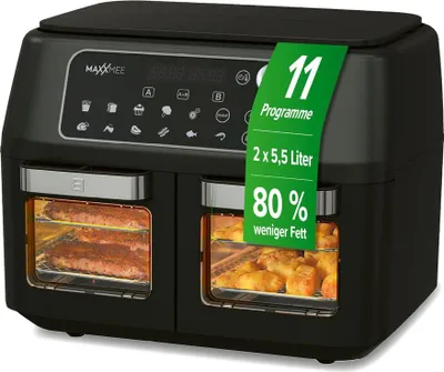 A black dual-chamber air fryer is shown with food inside both chambers.