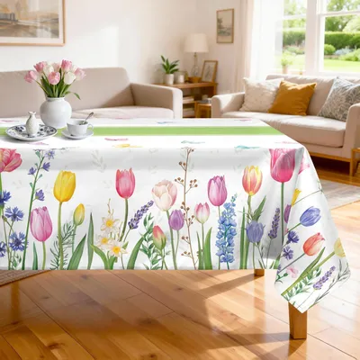 Productafbeelding van Tafelkleed van polyester met tulpenmotief, wasbaar, 152 x 304 cm