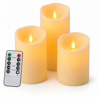 Image de Vigevee, ensemble de 3 bougies LED en cire véritable, bougies électriques avec effet de flamme vacillante, diamètre 7,5 cm, 3 tailles différentes, couleur ivoire avec effet de flamme et télécommande – Décoration de Noël pour intérieur