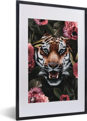 Produktbild von MuchoWow® MuchoWow® Gerahmtes Poster Rosa - Tiger - Pflanzen 40x60 cm - Poster mit zchwarzem Bilderrahmen - Poster in Rahmen