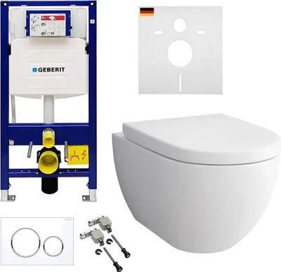 A collage of bathroom fixtures including a wall-hung toilet, a concealed cistern frame, a flush plate, and mounting hardware.
