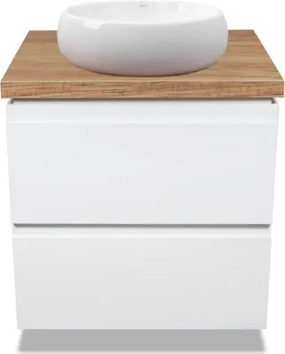Produktbild von VBChome Badmöbel 60 cm Weiß Linda Mini Aufsatzwaschbecken ohne Hahnloch 40x30 cm Klein Aufsatzwaschtisch mit Waschbeckenunterschrank 2 Schubladen Moduo Badezimmerschrank Modern