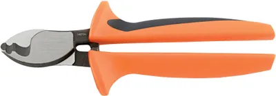 A pair of orange and gray wire cutters on a white background.