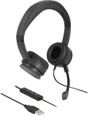 Produktbild von DeLOCK USB Stereo Headset mit Kabelfernbedienung und Quick-Mute Taste für PC und Notebook, Kabelgebunden, 20 - 20000 Hz, 126 g, Kopfhörer, Schwarz