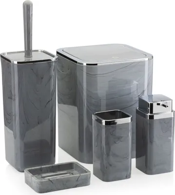 Produktbild von HowHomely Badezimmer set, 5-teilig Badzubehör Seifenspender, WC Bürste, Seifenschale, Abfalleimer und Zahnputzbecher Grau