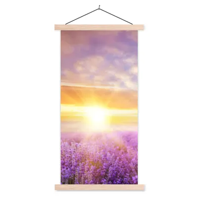 Produktbild von MuchoWow® Textilposter Lavendel - Sonne - Himmel - Natur 60x120 cm mit holzfarbenen Rahmen - Holz