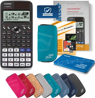 Produktbild von Casio FX-991 DE X Taschenrechner mit Tasche türkis, Folie, Fachbuch und Zirkel Set