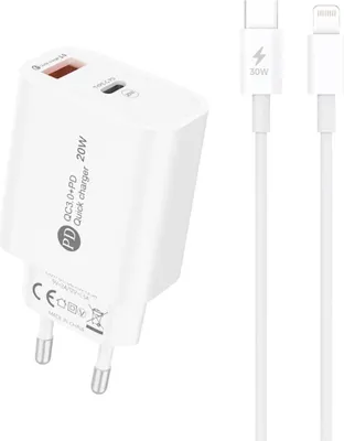 Immagine prodotto di Caricabatterie A6Maxl 20W Usb-A Usb-C con cavo Usb-C - Lightning 1M - Bianco