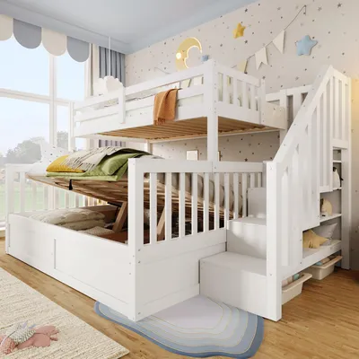Produktbild von STILVORA Etagenbett 90x200cm+140x200cm mit zwei Matratze Bettgestell mit hydraulischem Stauraum und Ablageleiter, Stauraumbett mit Sicherheitsgeländer und Stauraumtreppe, Kinderbett für Familien Weiß