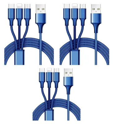 Produktbild von 3-in-1 Ladekabel Robustes Mehrfachladekabel mit USB-C Micro und iPhone Anschluss – Blau / 3 Pack