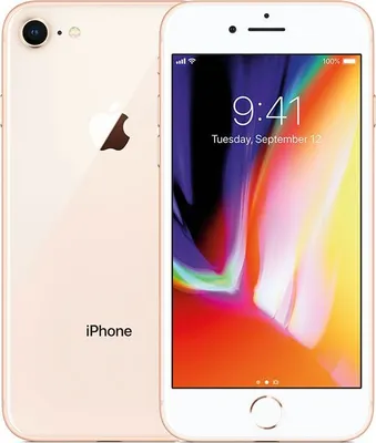 A gold iPhone 8 is shown from the front and back.