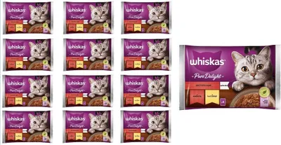 Produktbild von Whiskas Adult 1+ Katzenfutter Pure Delight Geflügel in Gelee mit Rind und Huhn, 52 Portionsbeutel, 13x4x85g