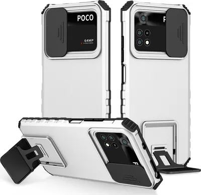 Obrázek produktu pro Pouzdro pro Xiaomi Poco M4 Pro 4G dvouvrstvé robustní, vojenská ochrana pouzdro s stojánku a posuvnou ochranou kamery Bílý