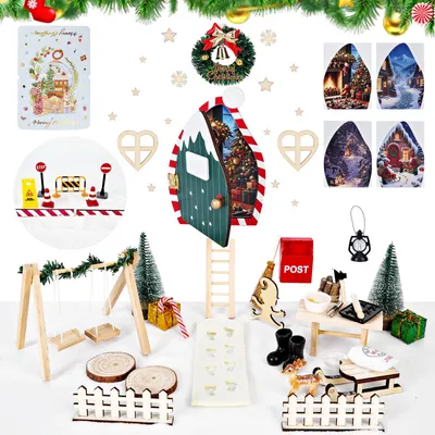 Elfentür-Set, 34-teilig, Holz-Miniatur-Deko, Weihnachten