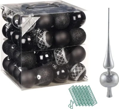 Produktbild von JACK 64x Kunststoff Christbaumkugeln Ø 6cm + Spitze 28cm inkl. Aufhänger Dekor Kugeln Set Weiß Rot Gold Grün Blau Silber, Farbe:Schwarz