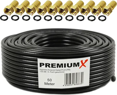 Produktbild von PremiumX 50m PROFI Koaxialkabel Schwarz 135dB 4-fach KUPFER 10x F-Stecker