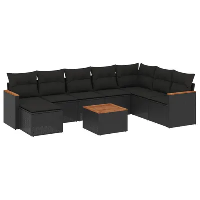 Produktbild von Modulares Garten-Sofaset, 9-teilig, Schwarz, Poly Rattan, pulverbeschichteter Stahl, Akazienholz-Tisch, UV-beständig, mit abnehmbaren Kissenbezügen