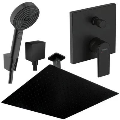 A set of black shower fixtures, including a handheld showerhead, a square ceiling-mounted showerhead, and a wall-mounted control panel.