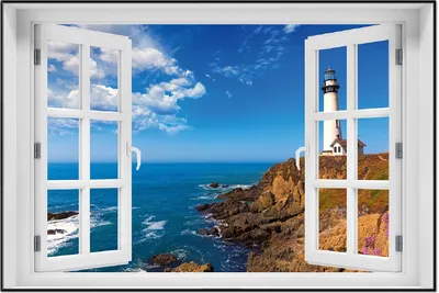 Produktbild von Wallario Wandbild mit Fenster-Illusion: Leuchtturm auf einem Felsvorsprung - Blauer Himmel, Größe: 61 x 91,5 cm, Poster mit schwarzem Aluminiumrahmen