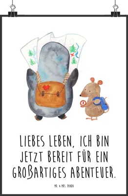 Produktbild von Mr. & Mrs. Panda Bild Pinguin & Maus Wanderer DIN A0 - Weiß - Geschenk, Wandern, Abenteuer, Plakat, wanddeko, Kunstdruck, drucke, Pinguine, Wandbild
