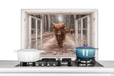 Obrázek produktu pro KitchenYeah® Splashback kitchen - Kuchyňský splashback - Ochrana stěny sporáku a dřezu - Pohled - Skotský náhorní skot - Okno 90x60 - Hliníkový dibond (alternativa ke skleněnému splashbacku) - Tepelně odolný