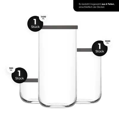Three glass storage containers of different sizes are arranged in a staggered formation against a white background.