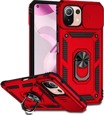 A red phone case with a ring holder and camera cover is displayed against a white background, with a second case shown at an angle in the foreground.
