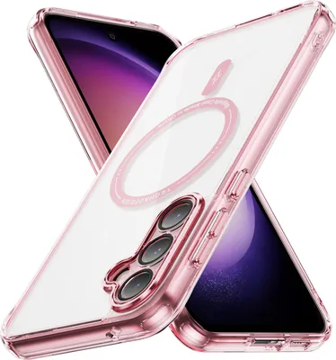 A clear pink phone case with a magnetic ring is shown diagonally against a white background.